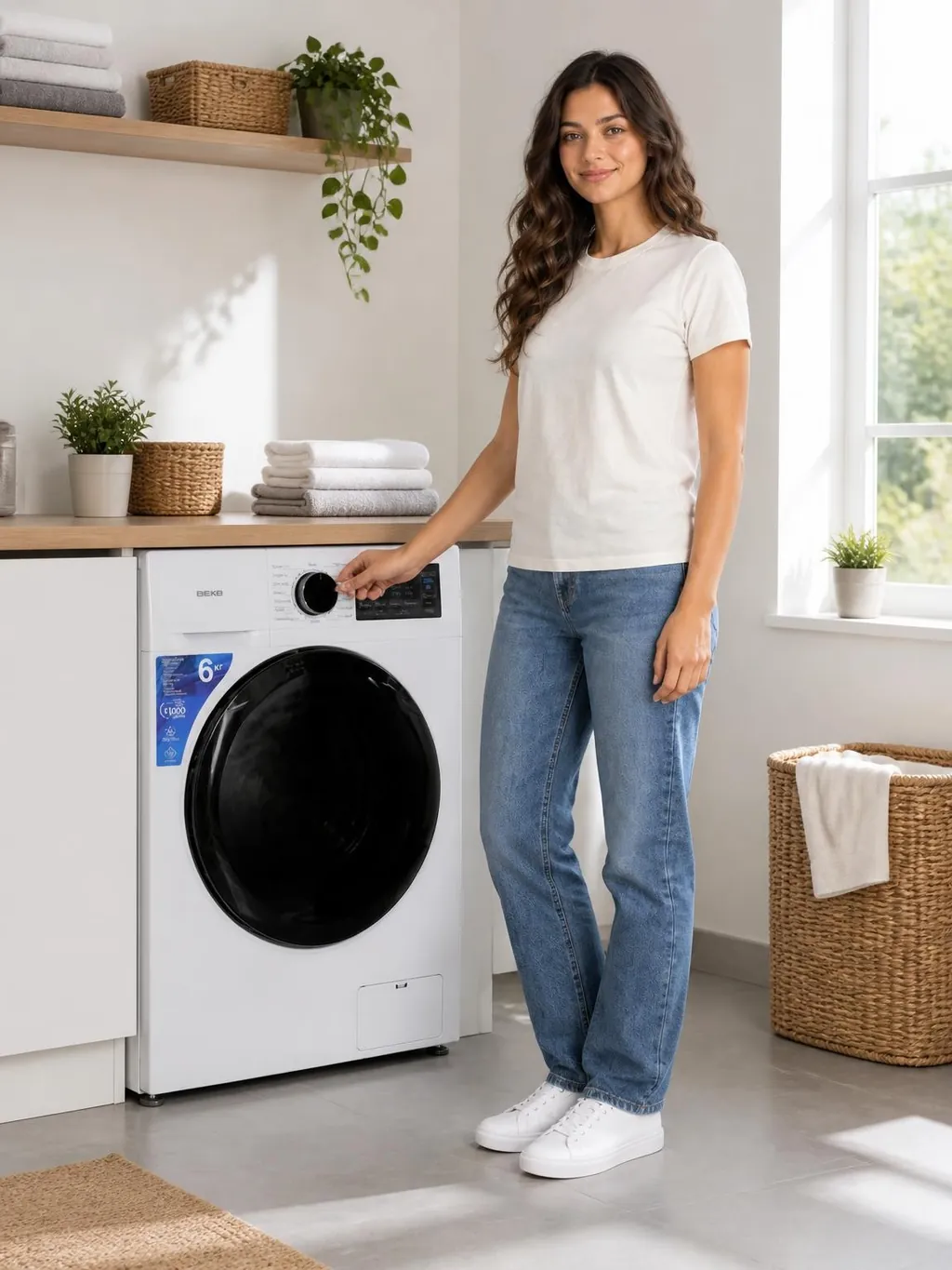 Девушка выбирает программу стиральной машины BEKO
