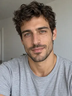 Source portrait of a man with dark curly hair and light stubble