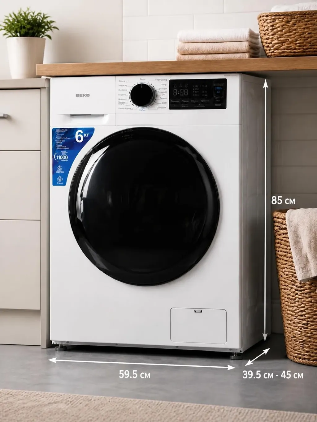 Инфографика стиральной машины BEKO с высотой, шириной и глубиной