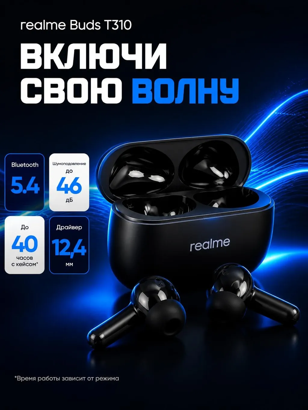 A blue realme Buds T310 card with black earbuds, their case, a headline and infographics