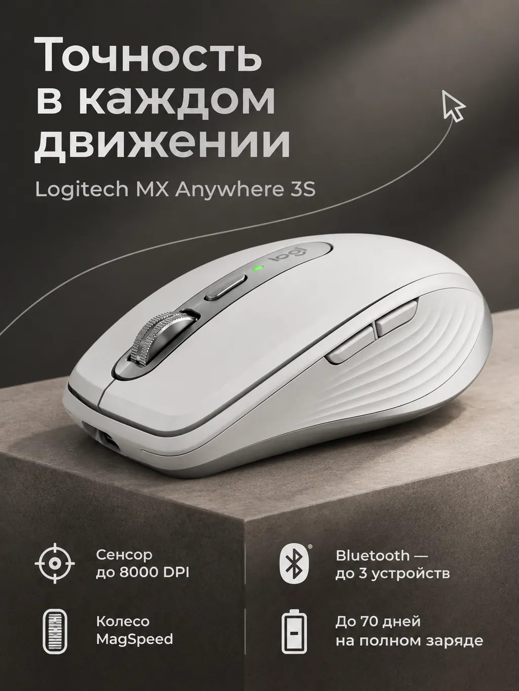 Рекламная карточка компьютерной мыши Logitech MX Anywhere 3S в цвете Pale Grey