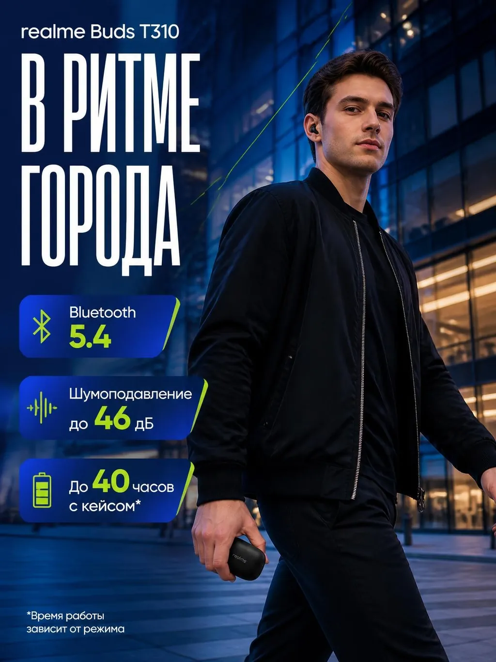 A card featuring a man wearing black realme Buds T310 earbuds in an evening city scene