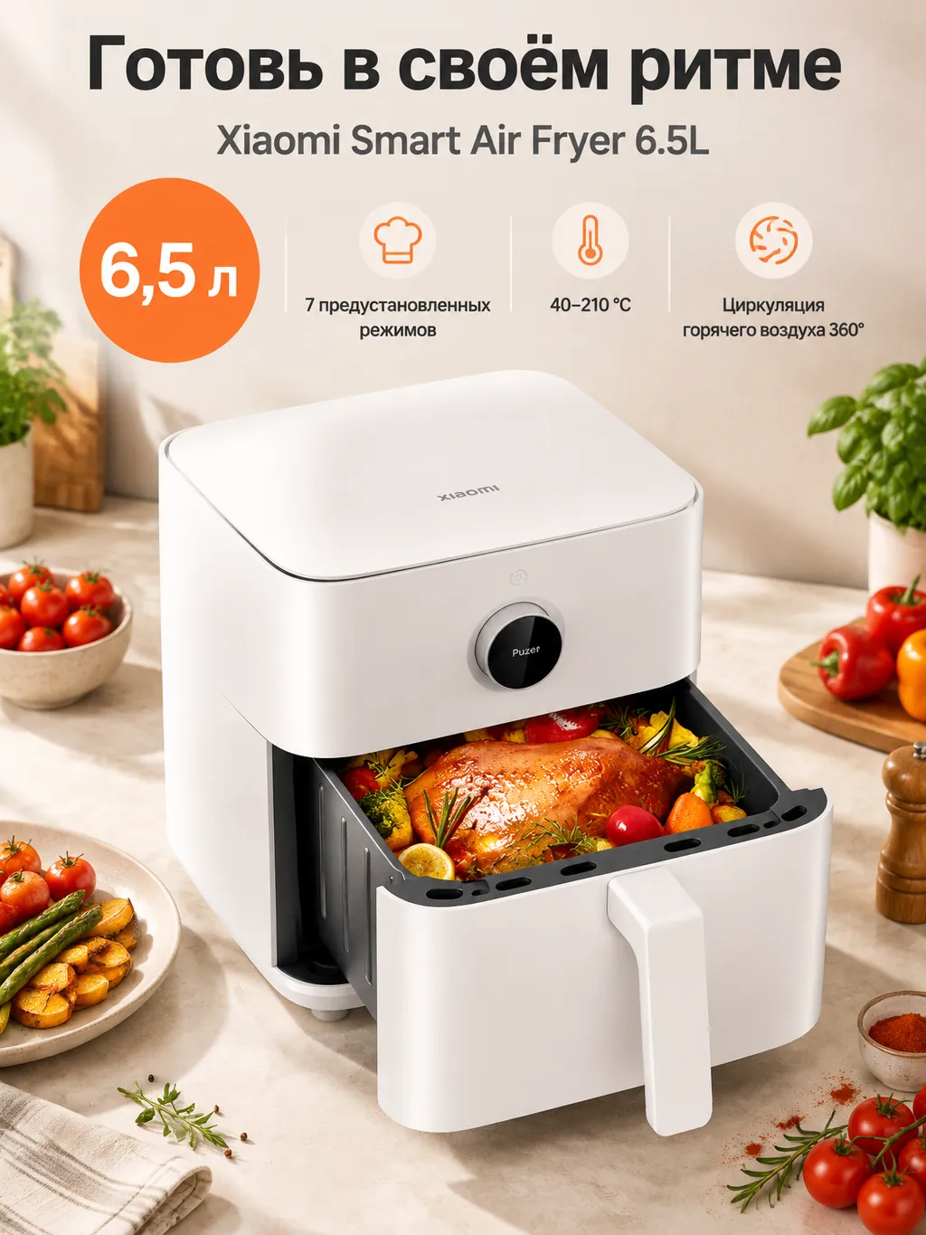 Рекламная карточка белого аэрогриля Xiaomi Smart Air Fryer 6.5L