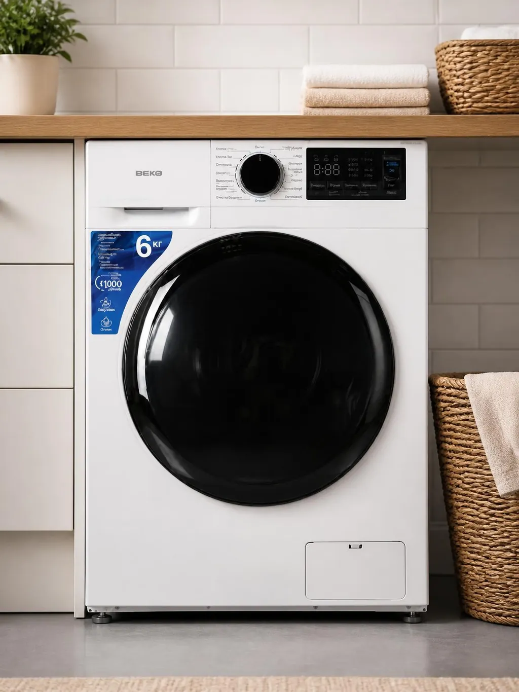Стиральная машина BEKO в светлой прачечной