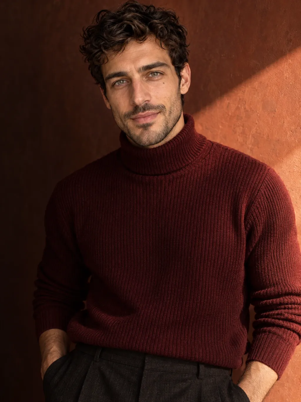 The same man with dark curly hair and light stubble wearing a red turtleneck in a studio